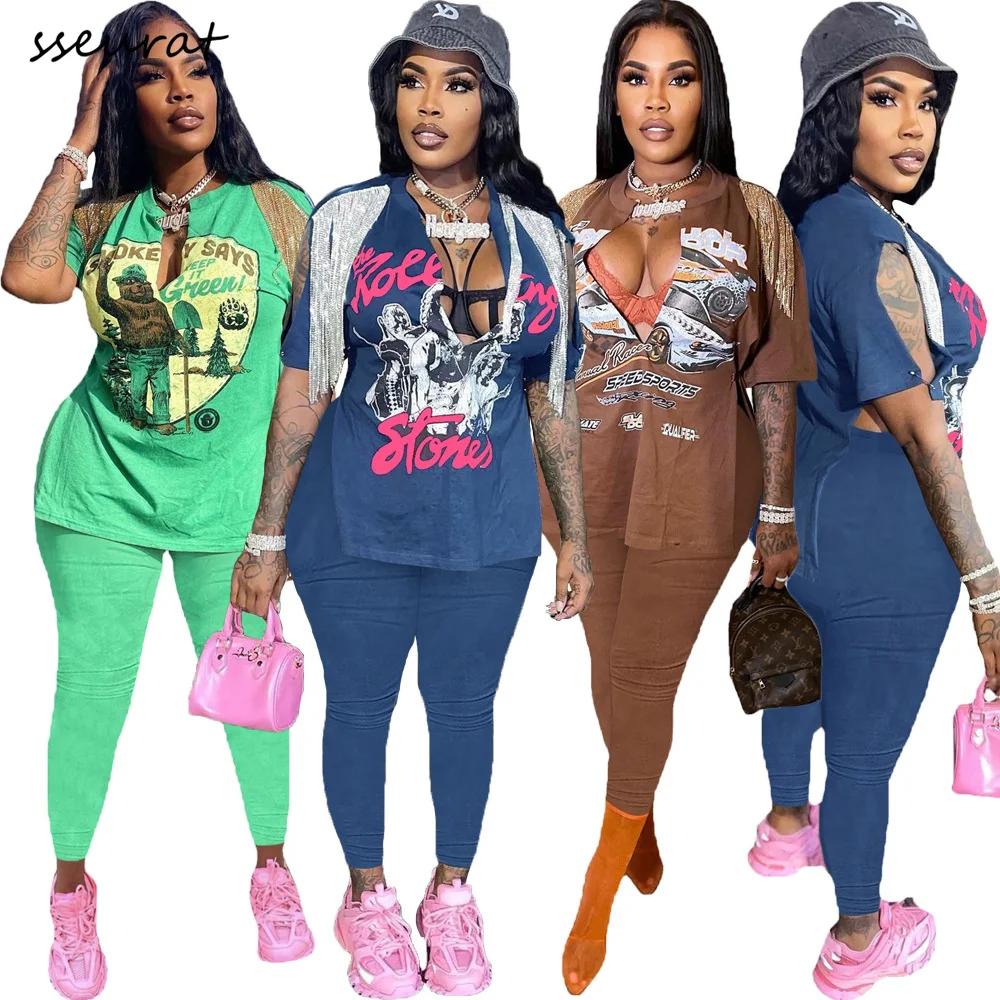 

Cartoon Print Tassel Two Piece Set Women Summer Streetwear Sports 2 Piece Outfit Women Short Sleeve Top and Trousers Set