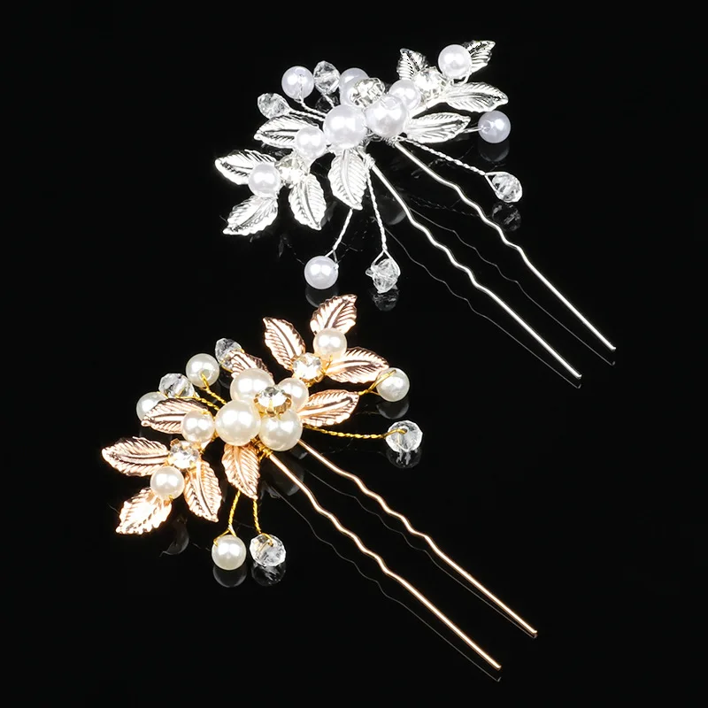 

Shiny Crystal Bridal U-Pin Hairpin Tiara Girl'S Simulated Pearl Leaf Jewelry Headdress Wedding Women'S Accessories Hair Clips