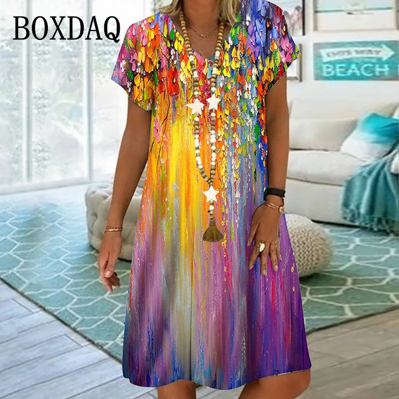 

Tie Tye Colorful Gradient Floral Print Dresses For Summer Women Short Sleeve Loose Dress Casual V-Neck Ladies Oversized Clothing