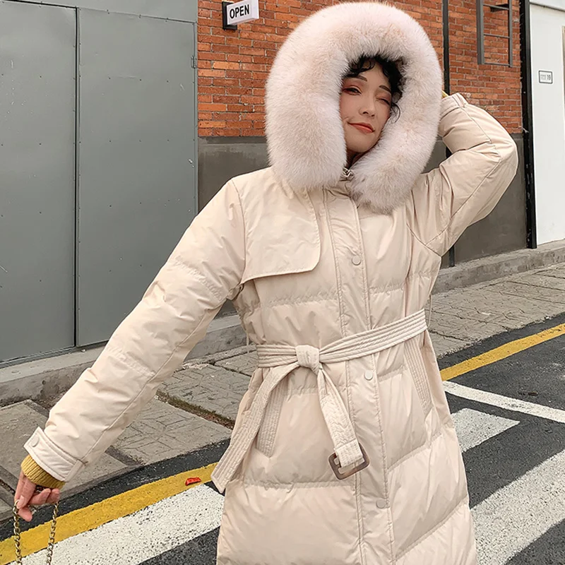 Quality Women Long Down Jacket New Winter Warm White Duck Down Outerwear Abrigo Mujer Casual Hooded Fur collar Parka Overcoat