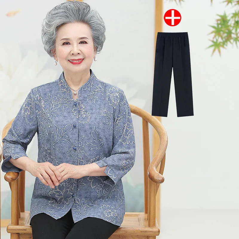 

Fdfklak Elderly Grandma Clothes 3/4 Sleeve Spring Summer 60 To 80 Years Old Middle-Aged Mother Two-Piece Set Womens Outfits 5XL
