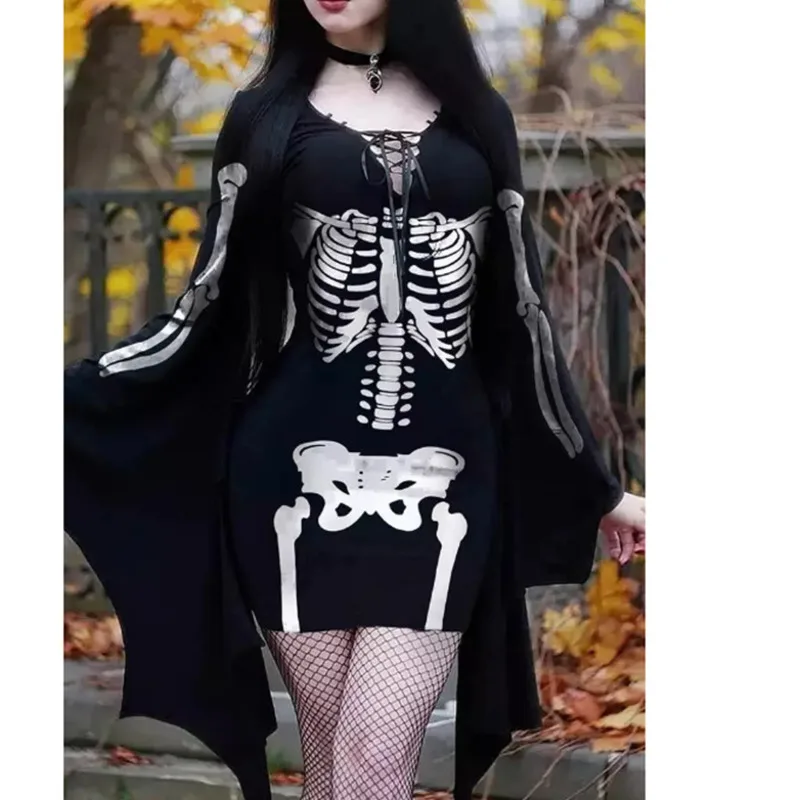 

Gothic Black Dresses Halloween Bat Skull Design Dresses Mini Dress Punk Hip Hop Short Skirts For Women Party Dress Bodycon Dress