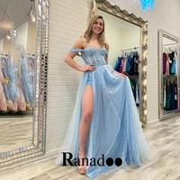 elegant glitter shinny blue off the shoulder evening dresses slit sweetheart tulle gown party robes de soir%c3%a9e personalised