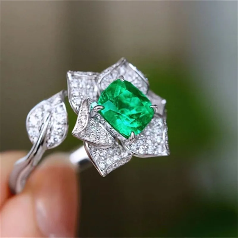 

Fashion Flower Silver Color Adjustable Ring for Women Inlaid Bling Emerald Ziron Stone Ring Wedding Engagement Fine Jewelry Gift