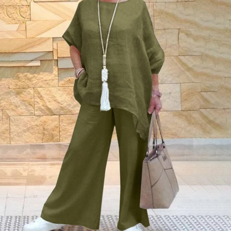 

Spring Casual Solid Loose Irregular Suits Women Crew Neck Half Sleeve Shirt and Wide Leg Pants Outfits Vintage Cotton Linen Sets
