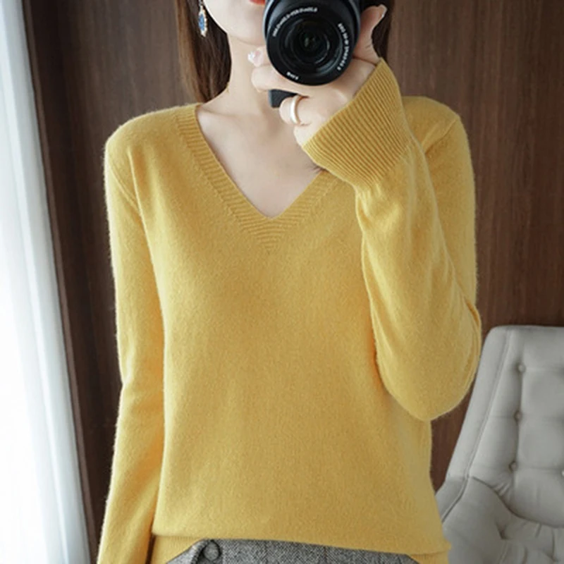 

New Cashmere Sweater Women Keep Warm V-neck Pullovers Knitting Sweater Fashion Korean Long Sleeve Loose Tops Autumn Winter Tops