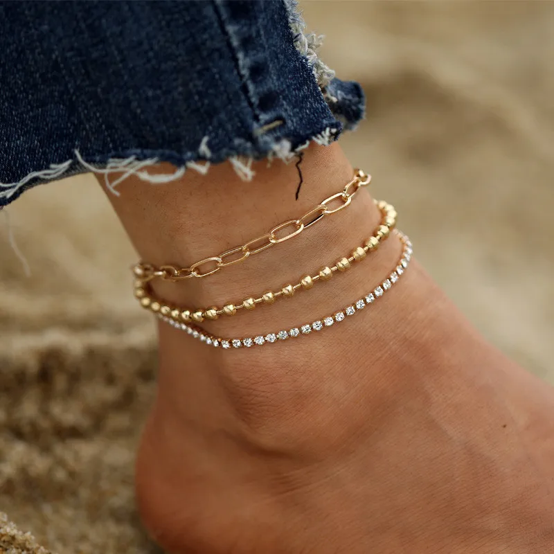 

KOTiK 3pcs/set Bohemian Gold Color Beads Anklets for Women Boho Cubic Zirconia Anklet Bracelet on Leg Summer Beach Jewelry