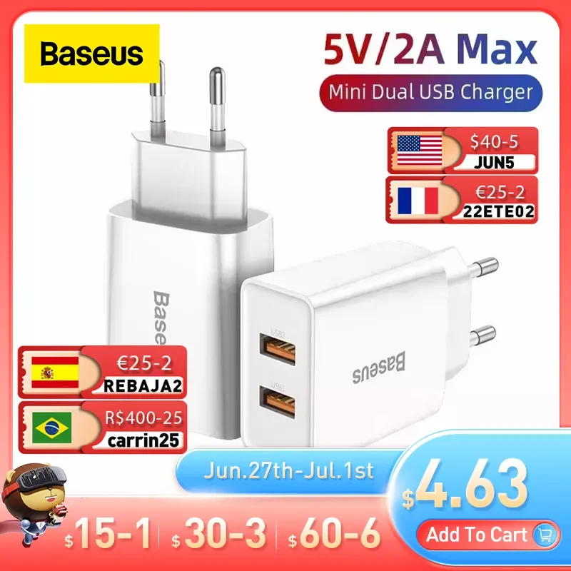 

Baseus Mini Dual USB Charger EU Plug Adapter Wall Fast Charger For iPhone11 Xs Quick Charge Portable Mobile Phone Travel Charger
