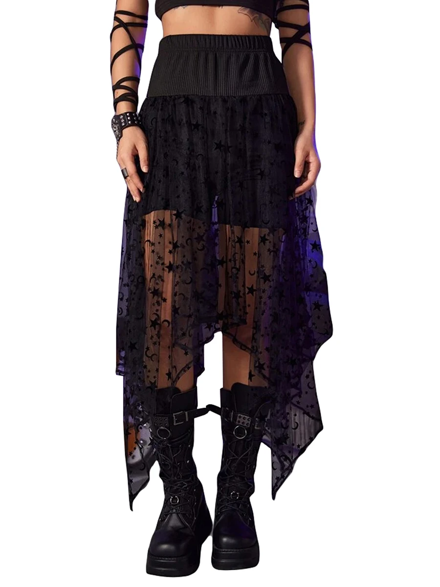 

Women Sexy Mesh Lace Transparent Long Tulle Skirt Korean Fashion Summer Ladies Elastic High Waist Black Club Midi Skirt