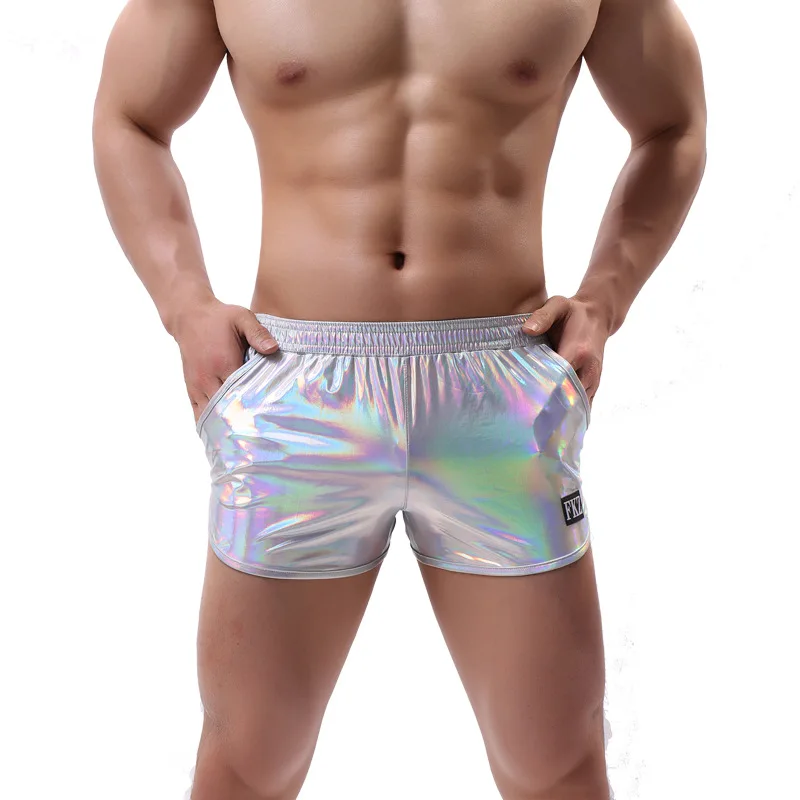 

PU Man Sexy Boxers Pink Gradient Flash Underwear Faux Leather Swimwear Trunks Elastic Lingerie Shorts Sissy Gay Club Costume Psd