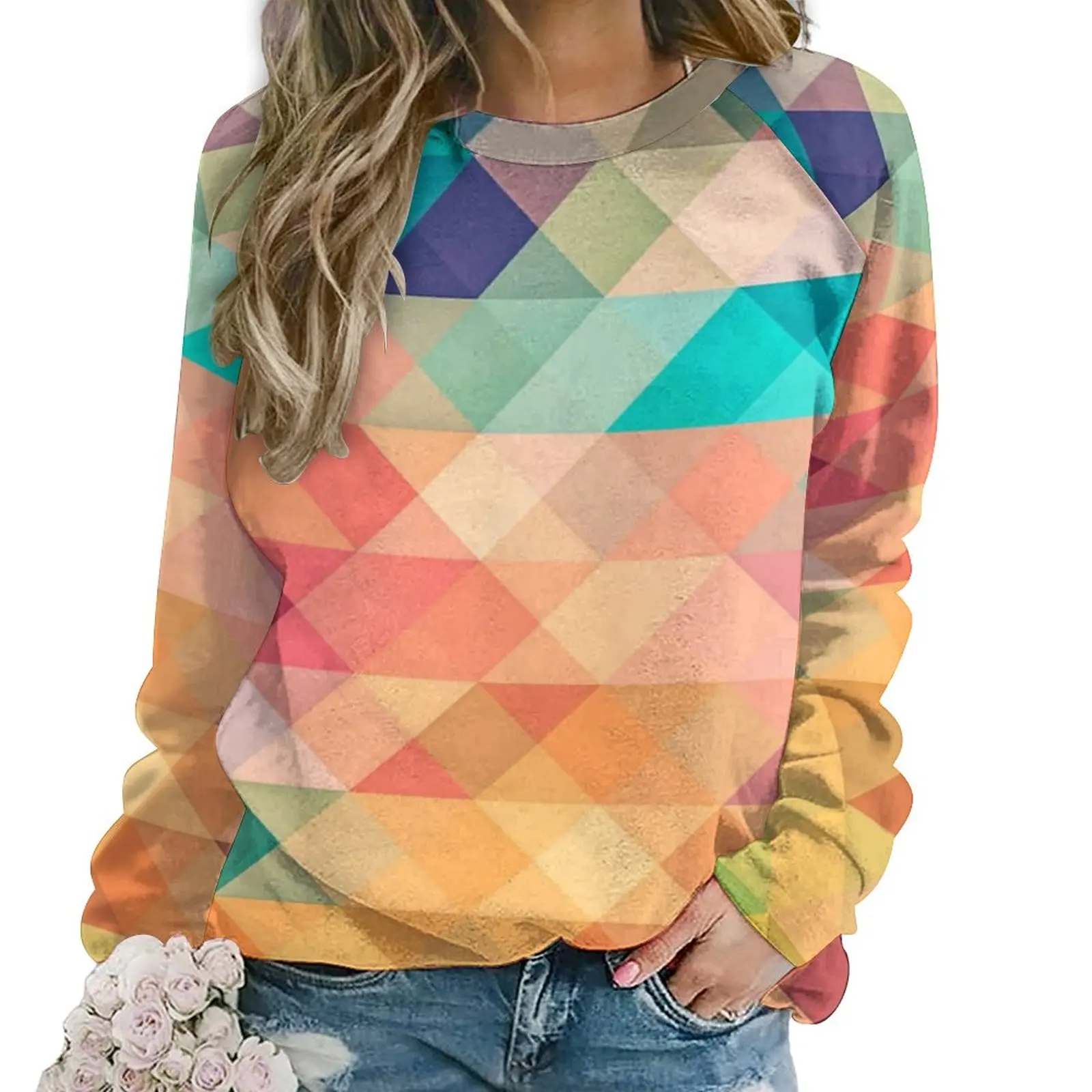 

Pastel Geometry Hoodies Womens Ombre Shapes Print Korean Fashion Casual Hoodie Spring Long Sleeve Cute Design Tops Big Size 3XL