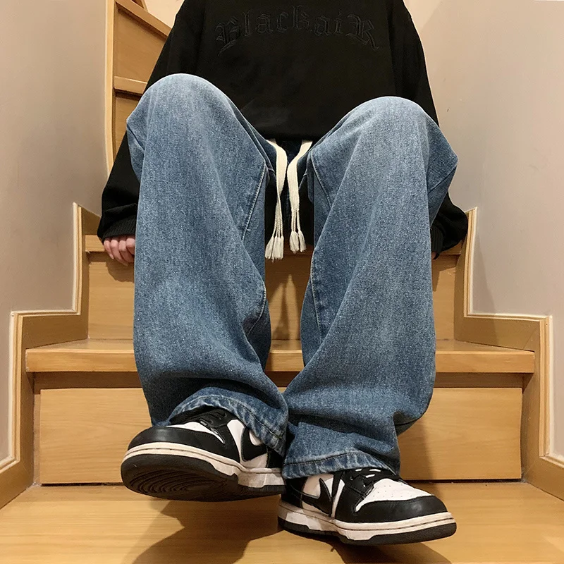 Drawstring Baggy Jeans Men Fashion Oversized Casual Wide Leg Jeans Mens Streetwear Hip Hop Loose Straight Denim Trousers Men
