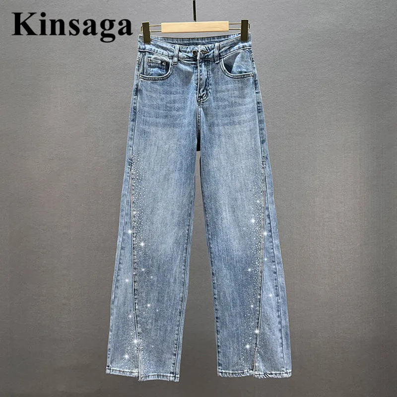 Original Irregular Drilling Hem Jeans Women Street High Waist Wide Leg Inordinance Rhinestone Demin Ankle Length Loose Pant Miss