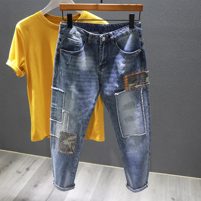 

Джинсы мужские с вышивкой, модные дизайнерские Комбинированные брюки из денима, рваные узкие джинсы с заплатками в уличном стиле