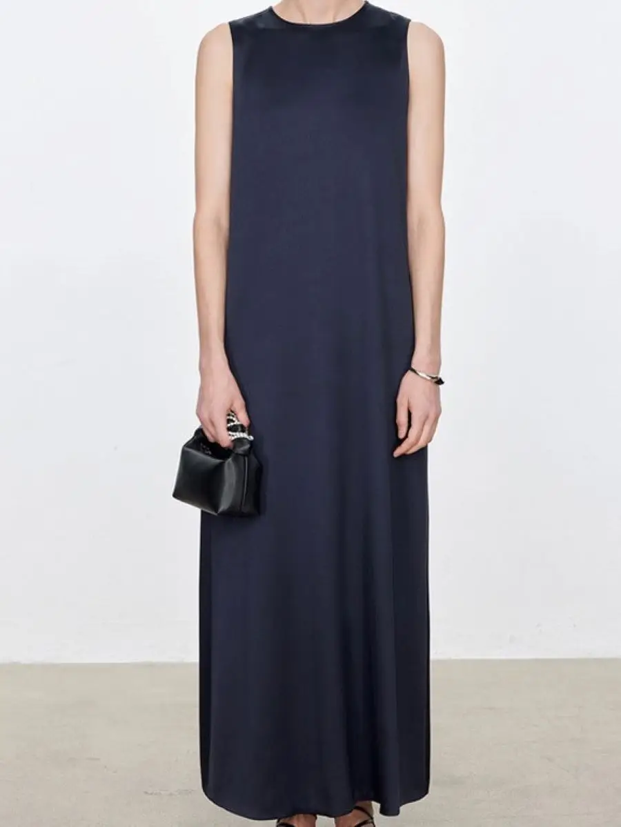 

Women O-Neck Sleeveless Solid Color A-Line Loose Maxi Dress