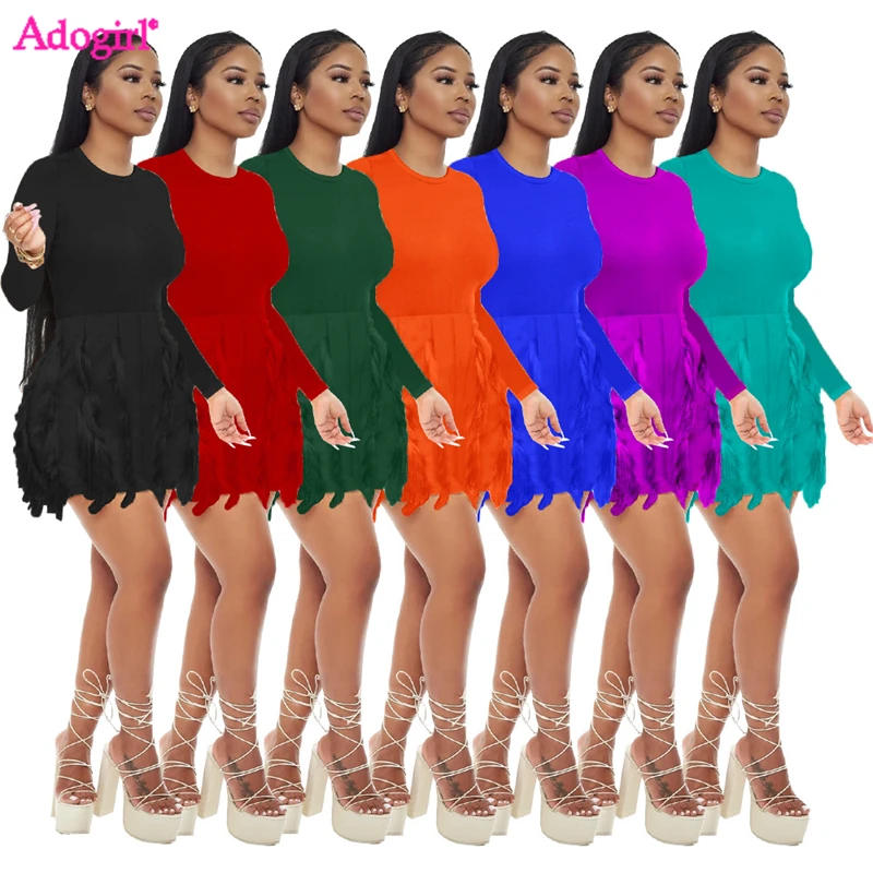 

Adogirl Solid Tassels Mini Dress Women O Neck Long Sleeve Bodycon Casual Fringed Dresses Female Clubwear Party Vestidos