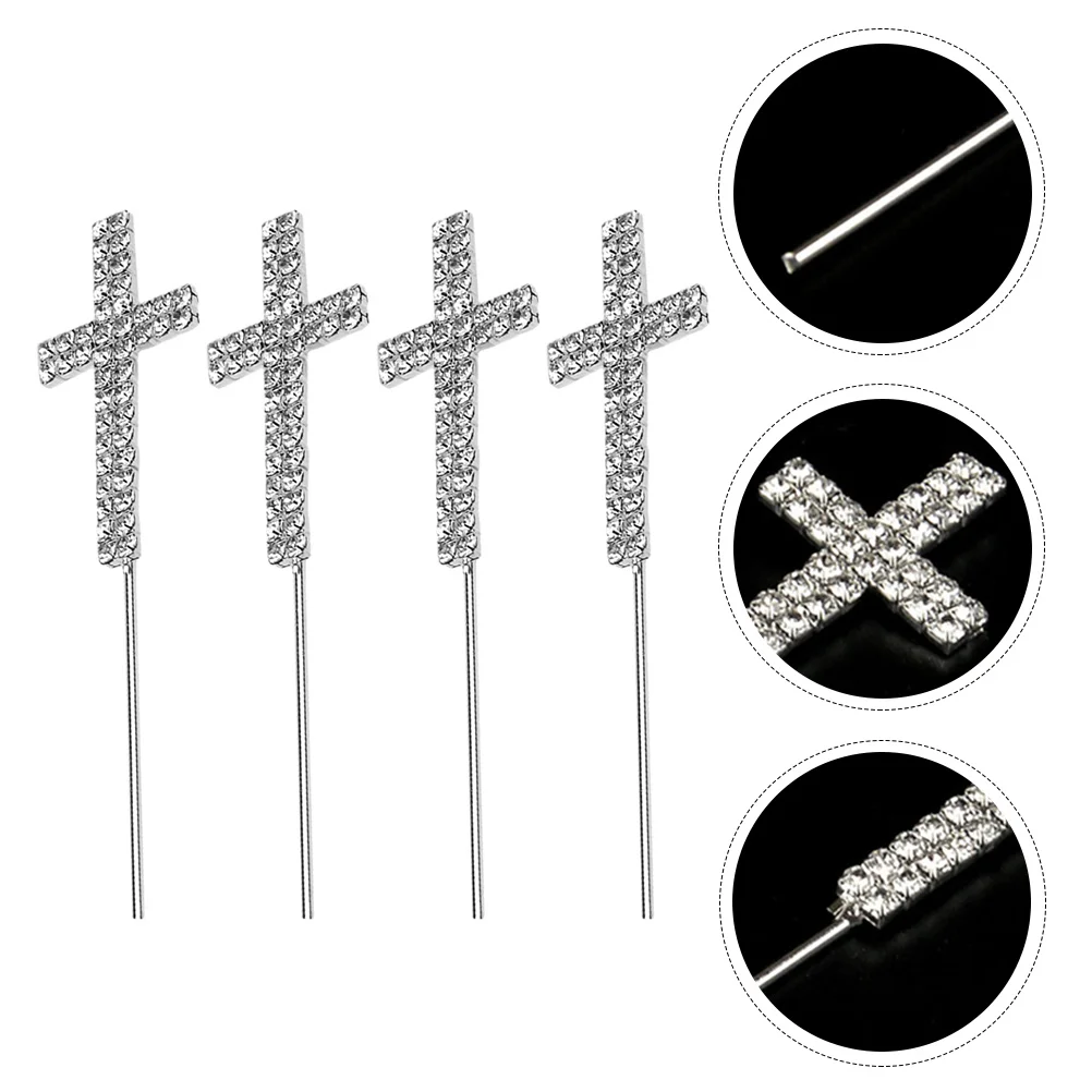 

4 Pcs Cake Insert Cross Decor Cupcake Birthday Toppers Ornaments Rhinestones Party