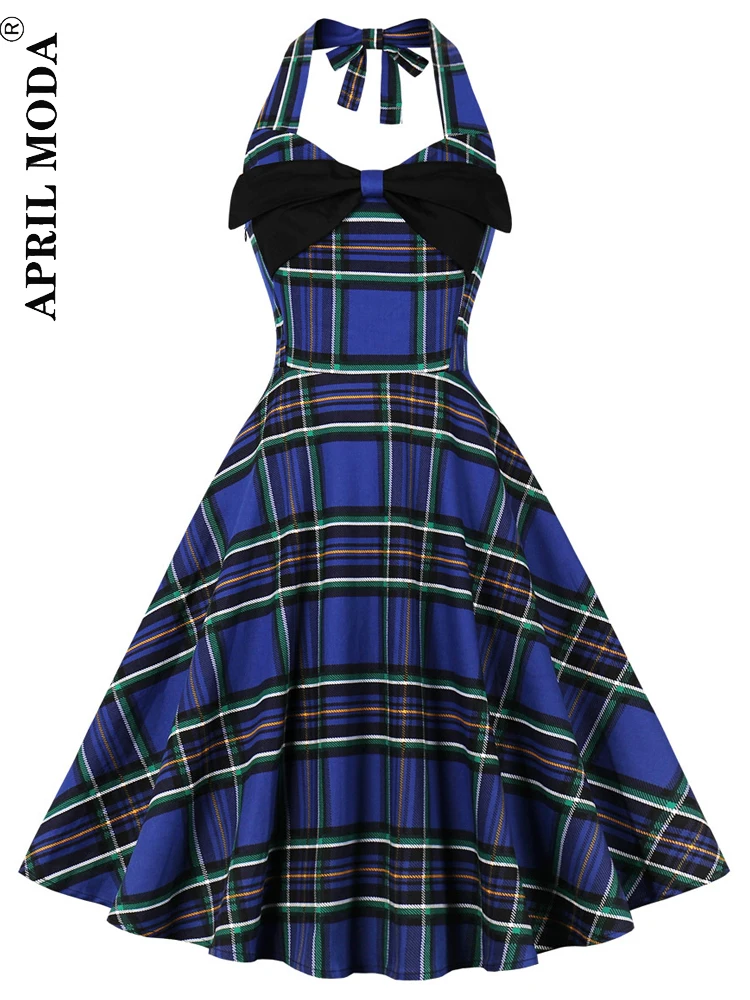 

Plaid Print Retro Swing Party Ladies Dress Elegant Halter Strapless Prom Gowns 40s 50s 60s Runway Pinup Swing A Line Tea Dresses