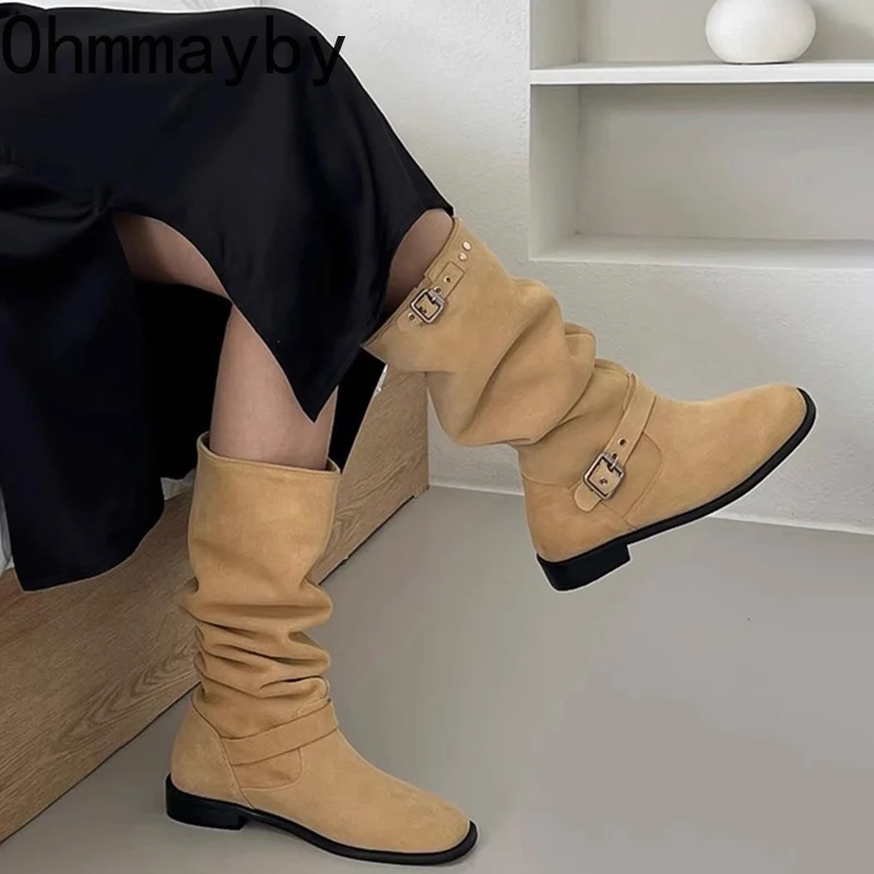

Женские ботинки без шнуровки из коровьей кожи, модные замшевые элегантные длинные ботинки на низком квадратном каблуке, женская зимняя обувь