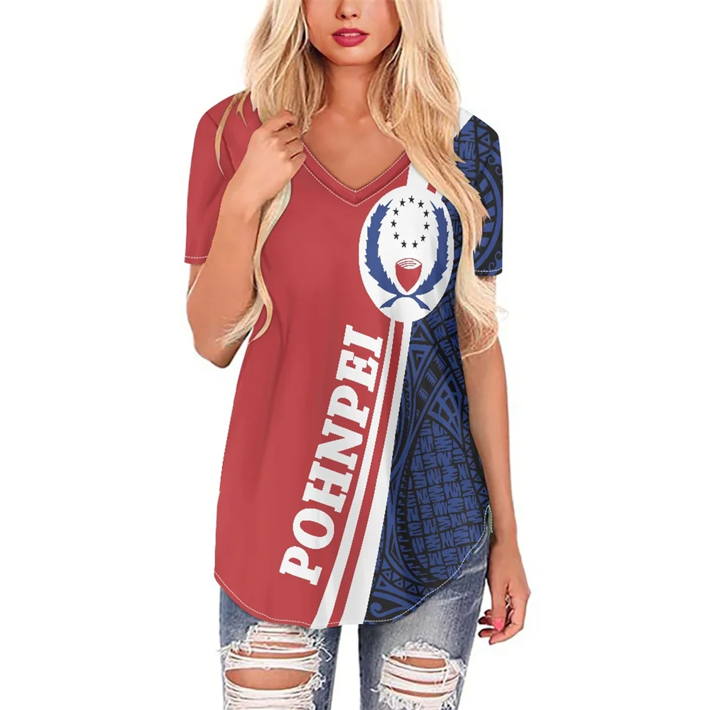 V Neck Polynesian Tribal Clothing Pohnpei Logo Red and Blue Strip Print Custom Summer New Fashion Women's Short-Sleeve Loose Top