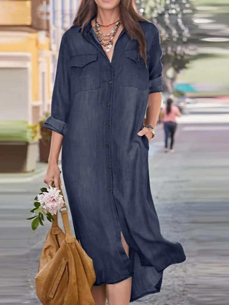 

Denim Long Maxi Dresses for Women Vintage Single Breasted Lapel Shirt Dress Casual Blue Black Loose Oversize Clothing Tunicas