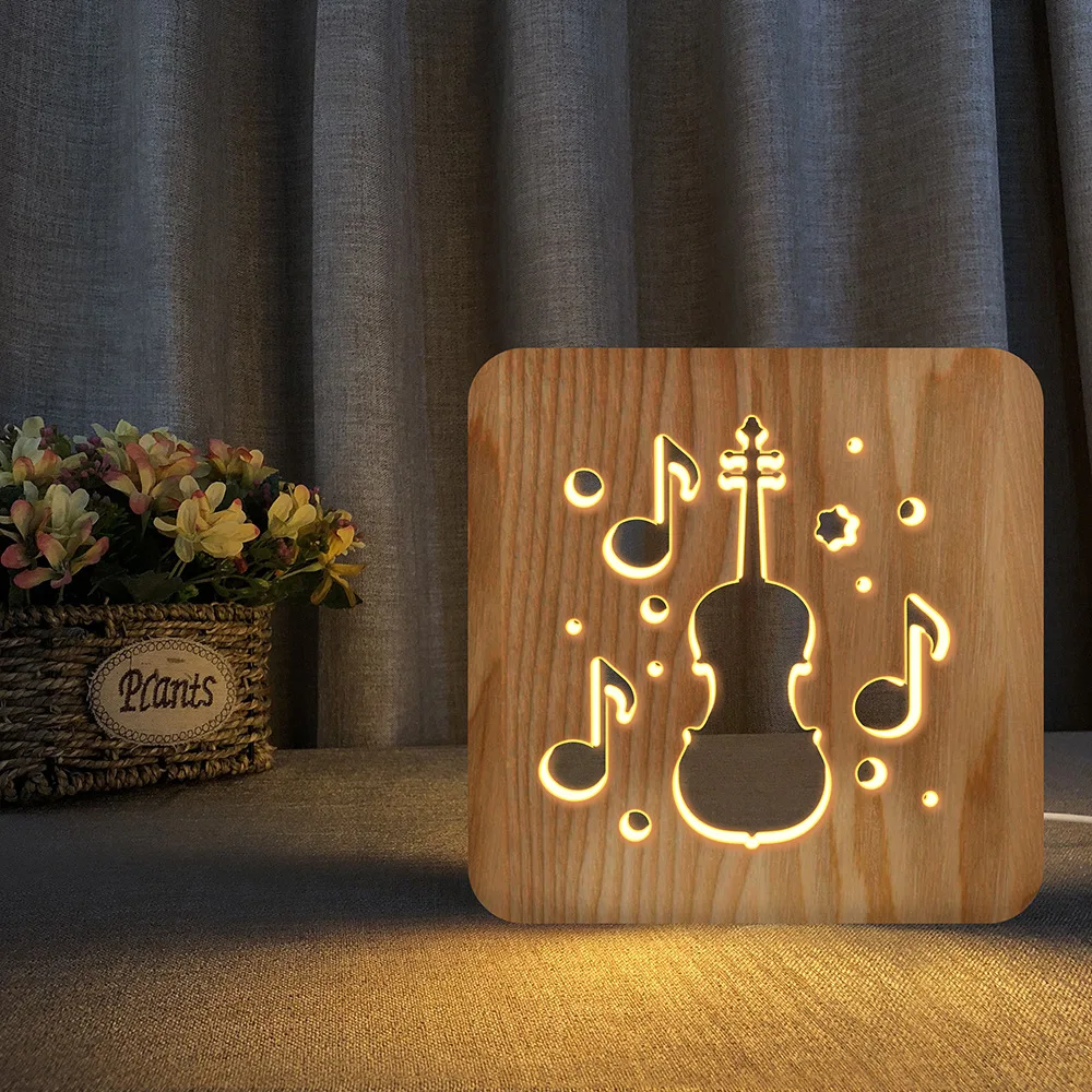 

New Cello 3D Wood Lamps Solid Wood Carving Hollow Creative Table Lamp Bedside Bedroom Night Lights Home Decoration Hot Sale