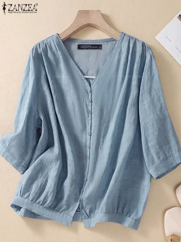 

ZANZEA Casual V-neck Buttons Solid Tops Loose Summer White Blouses Women 2023 New 3/4 Sleeve Daily Cotton Lightweight Blusas
