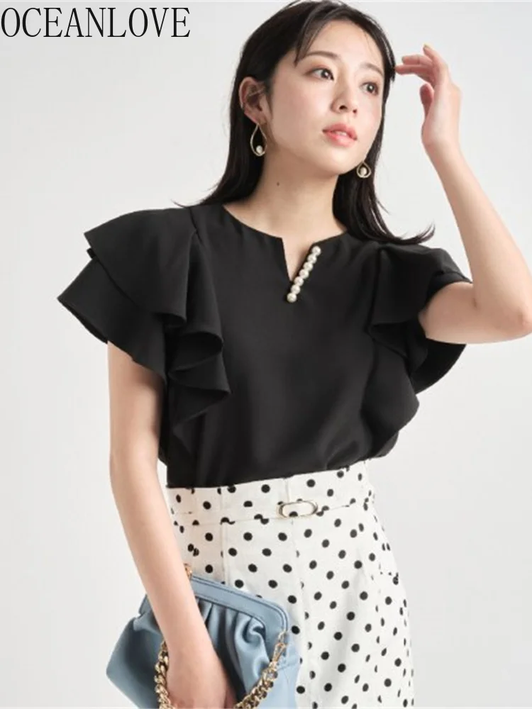 

Japan Style Women Blouses Solid Beading V Neck Vintage Summer Blusas Rules Butterly Sleeve Elegant Ropa Mujer Tops