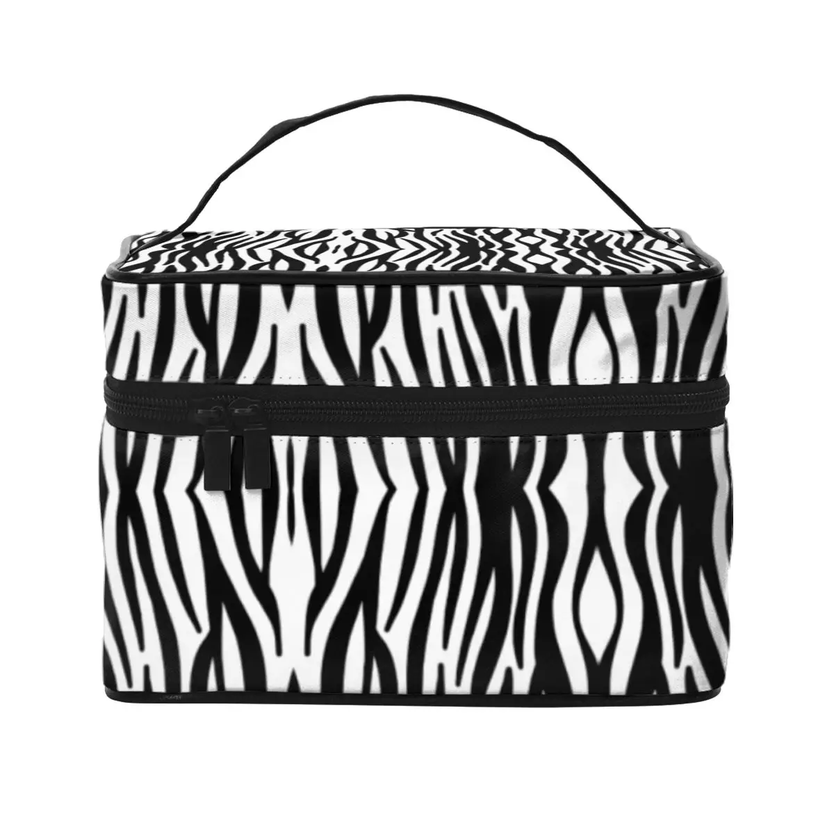

Classic Zebra Cosmetic Bags Black and White Animal Print Woman's Storage Organizers Handle Large Capacity Travel Makeup Pouch