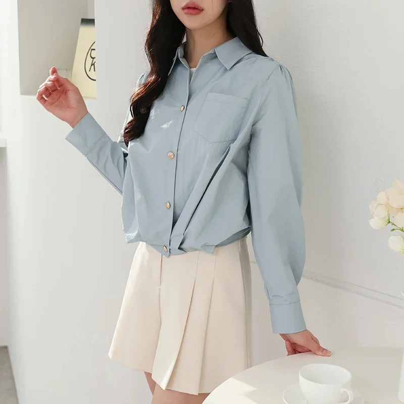 THЖенская весенняя новая однотонная простая рубашка с длинным рукавом в