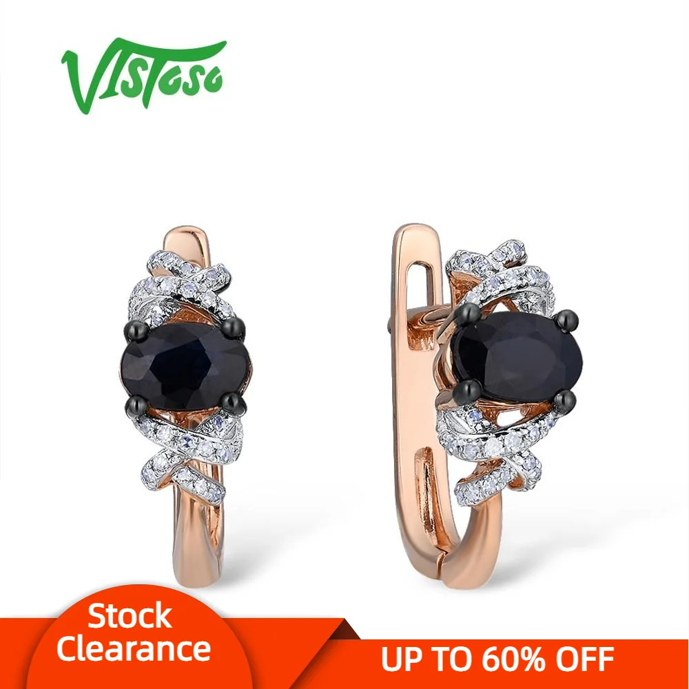 

VISTOSO Genuine 14K 585 Rose Gold Earrings For Women Sparkling Blue Sapphire Diamond Exquisite Anniversary Elegant Fine Jewelry