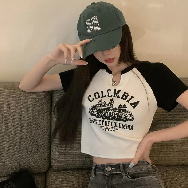 

Женская футболка Y2k, короткий топ, летний пикантный острый эстетичный короткий топ в стиле Харадзюку с коротким рукавом и буквенным принтом в стиле ретро