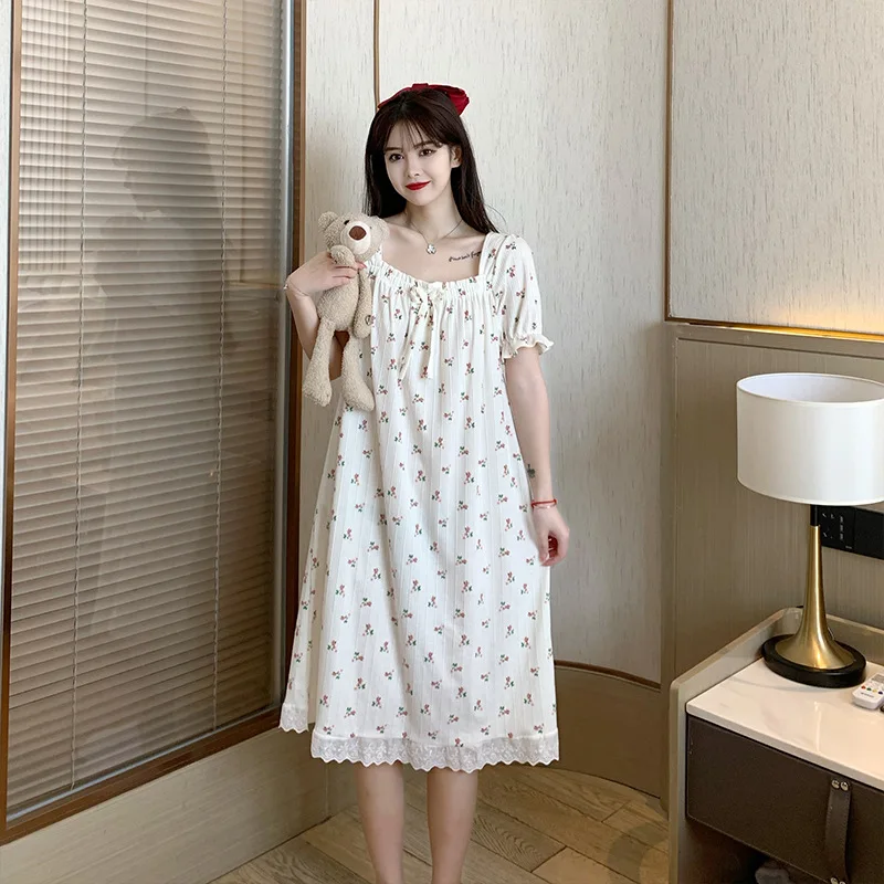Solid Floral Sweets Summer Pajamas For Young Women 2023 Short Sleeve Lace Thin Sleepwear Square Collar Long Length Nightdress