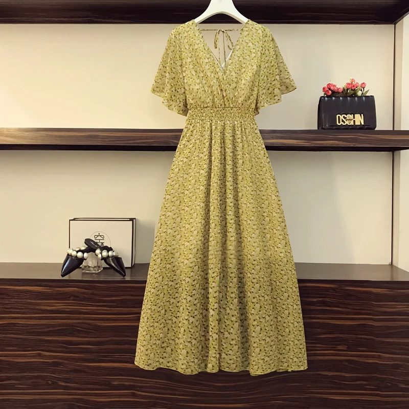 

4XL Large Size Women Summer Thin Chiffon Dresses Vestido 2023 Short Sleeve V Neck Flower Print Long Dress For Female