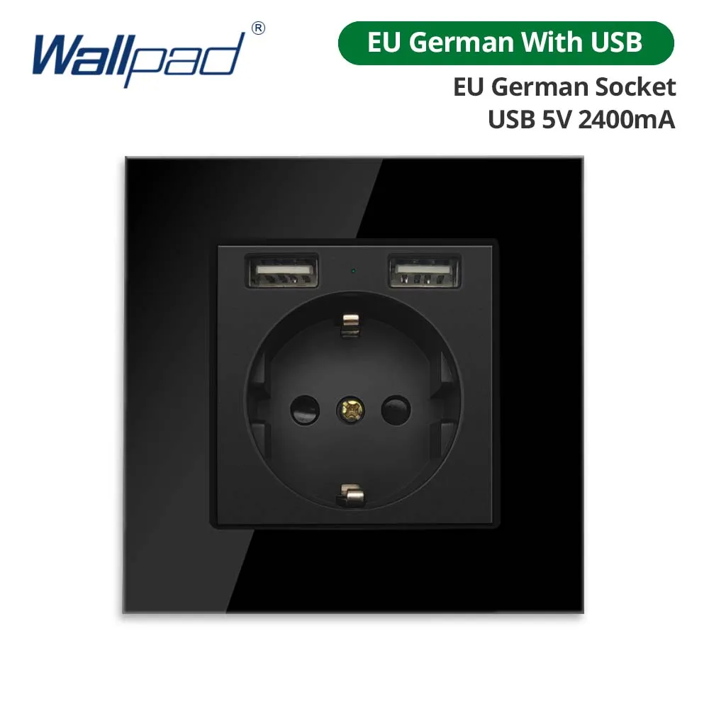 

Wallpad черная панель из закаленного стекла с розетками и USB портом 1/2/3/4 Gang