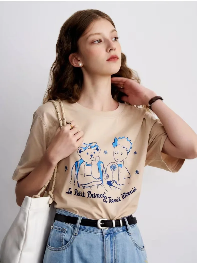 

Khaki Color Women RL Tees Summer Bear Print Loose Casual T-Shirt Tops