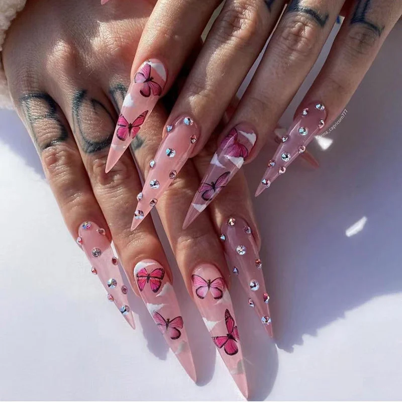 

Long Stiletto Acrylic Press On Fake Nails Tips pink Artificial Full Cover False Finger Sculpted Nail with Design Manicure Tools