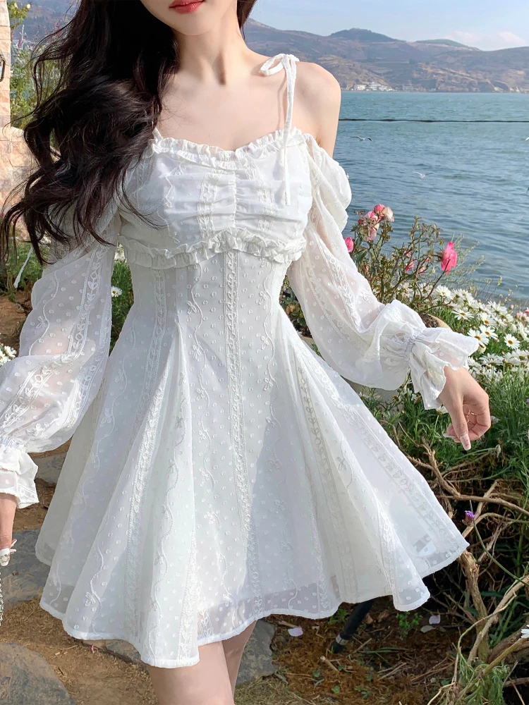 

French Style Elegant Y2k Mini Dress Lace Design Vintage Strap Dress Women 2023 Spring Fashion Office Casual Kawaii Lolita Dress