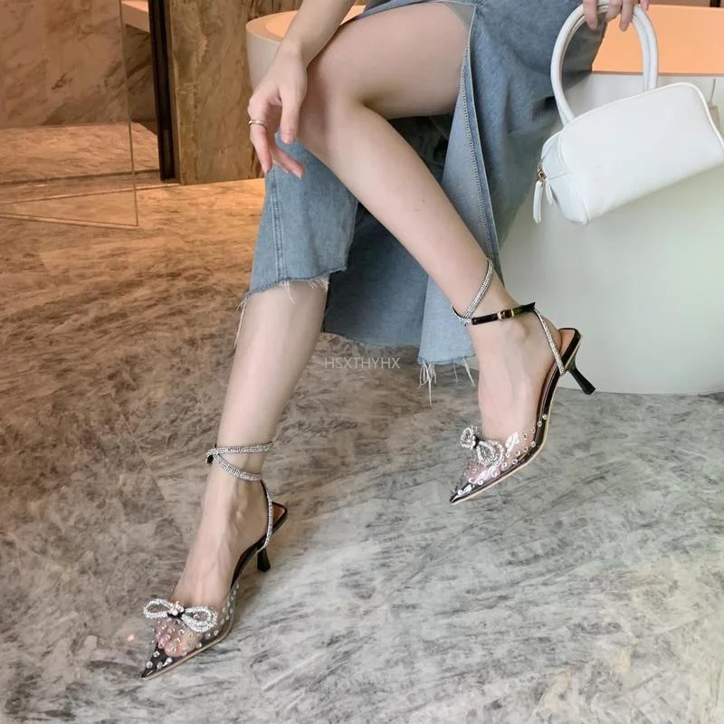 

Ladies Sandals Butterfly-knot 7CM High Heels Cross-tied Female Slides Crystal Outdoor Women Rhinestone Pumps Shoes Big Size 42