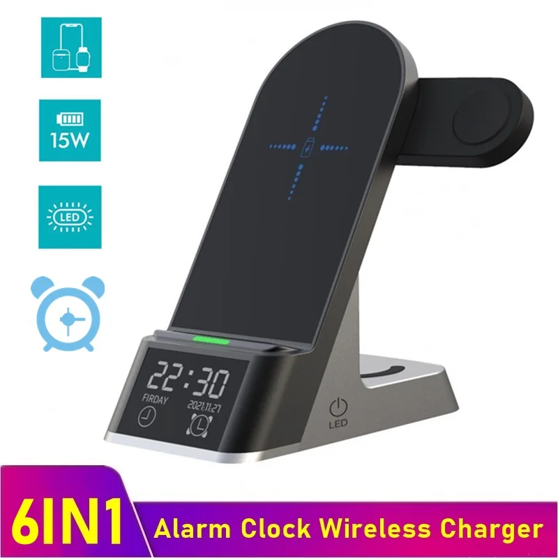 

6in1 Alarm Clock Wireless Charger For Apple Watch Airpods Pro 15W Fast Charging Charger Station For Iphone XS 11 12 13 Pro Max
