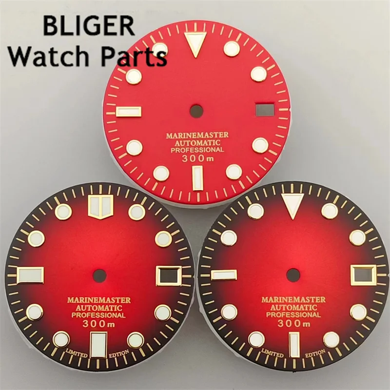 Циферблат BLIGER для часов NH35 NH36 зеленые светящиеся часы с красным и золотым