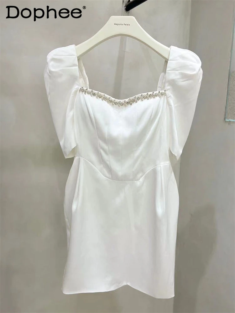 

Женское платье с высокой талией, белое платье во французском стиле с квадратным вырезом и рукавами-пузырями, платье с воротником со стразам...