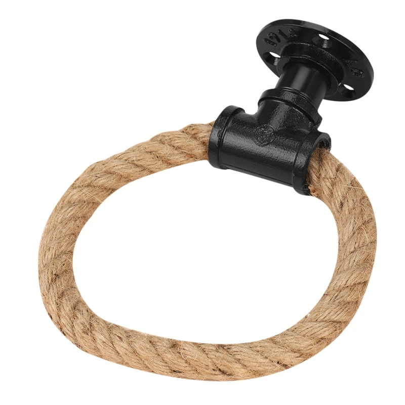 

Vintage Towel Rack Ring Industrial Style Wall Mount Towel Holder Iron Pipe Jute Rope Bathroom Toilet Home Hotels Decoration