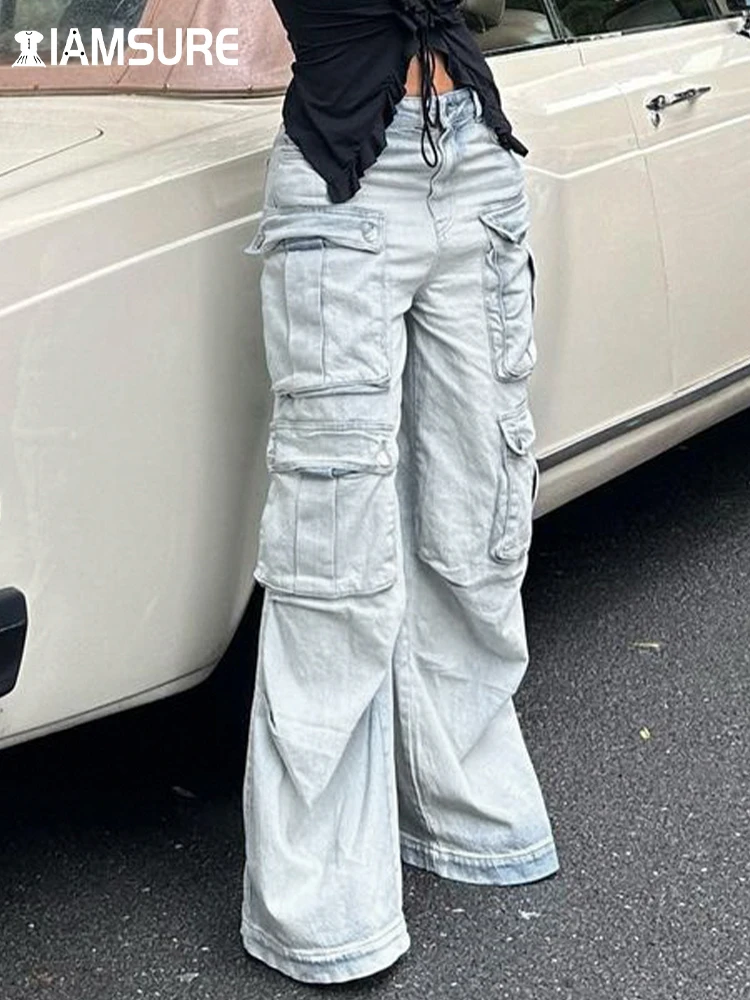 

IAMSURE Casual Streetwear Loose Big Pockets Jeans Safari Style Solid Mid-Waisted Wide Leg Pants Women 2023 Summer Fashion Ladies