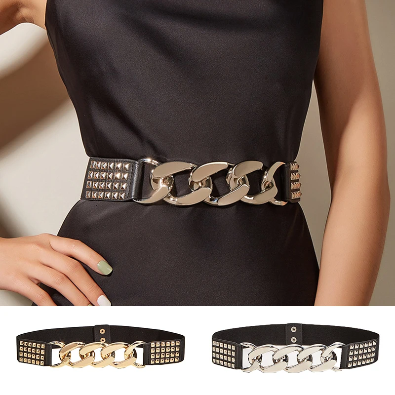 

Fashion Ins Wide Elastic Corset Belt Metal Buckle Waist Belt Dress Skirt Decorative Waistbands Women Rivet Metal Chain Belt