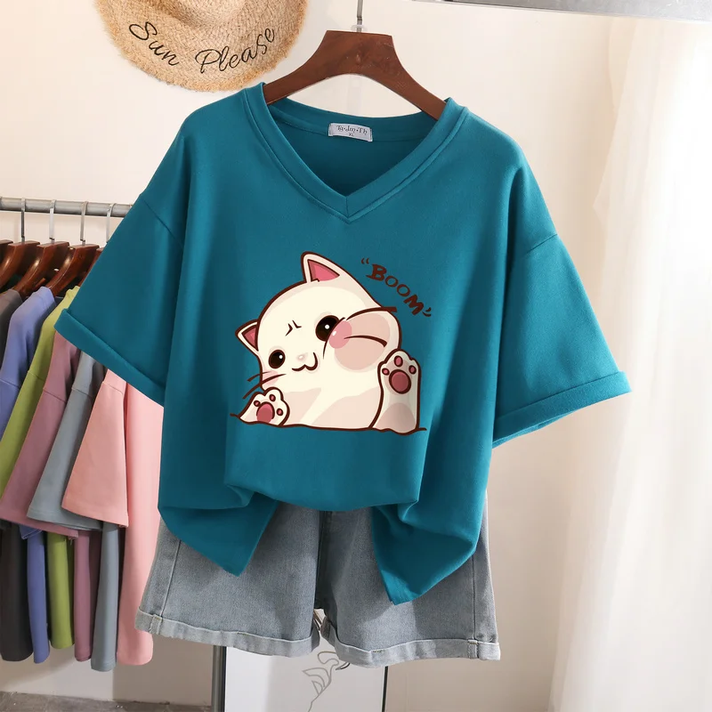 

QNPQYX 100% Cotton L-6XL T Shirt Big Size Tshirt Short Sleeve Women Top Summer Cartoon Print Couple V Neck Oversized T Shirts