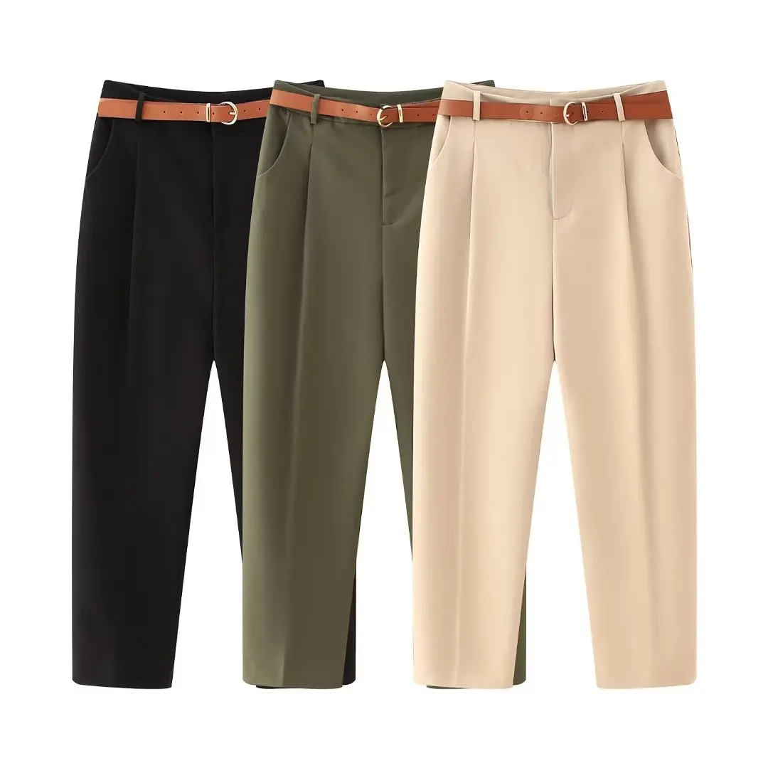 

Women's Belt Suit Leg Pants Solid Color Pocket Foot Cropped Pants Women's Casual Fashion Basic 2023 Autumn and Winter Pants ZA Y