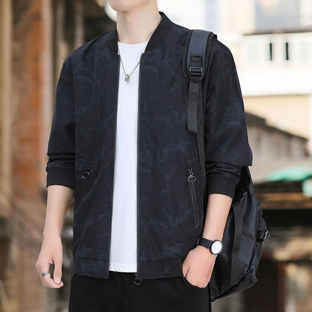 

Men Spring Fall Jacket Stand Collar Contrast Color Men Casual Jacket Smooth Zipper Pockets Camouflage Print Men Mid Length Coat