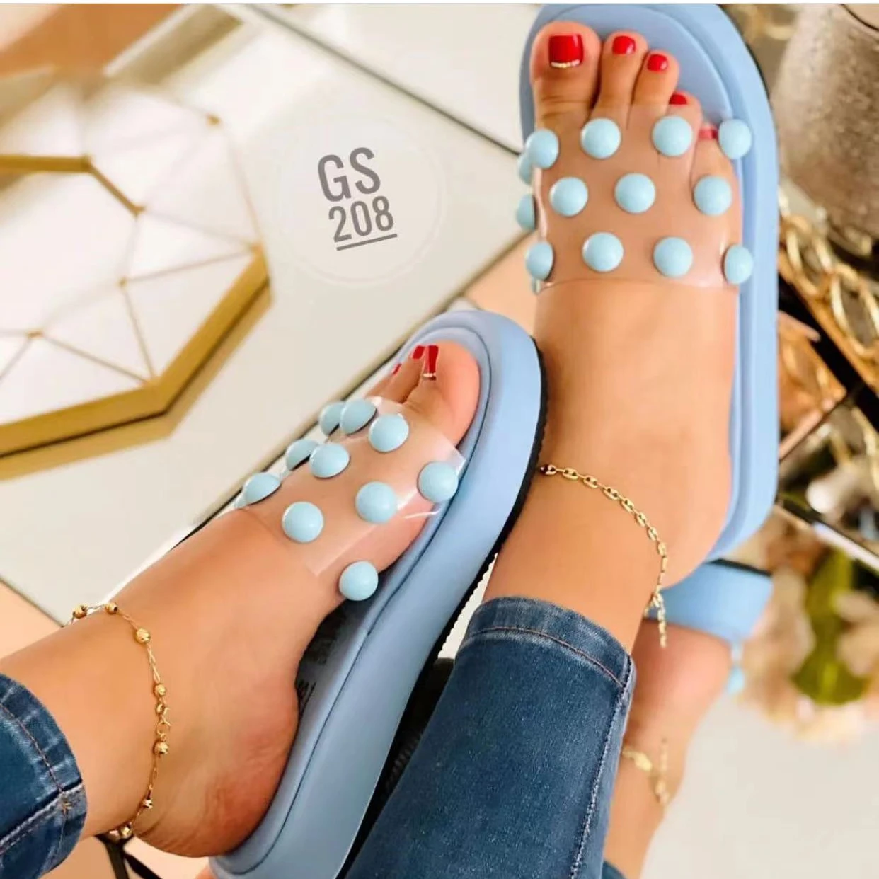 Wedge Heel Slippers Women's 2022 New Summer Fashion Pearl One Word Drag Thick Bottom Large Size 43 Sandals and Slippers Female