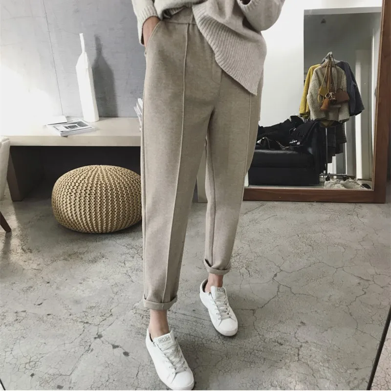 

2021 Winter Casual High Waist Woolen Harem Pants New Women Bottoms Pants Spring Fashion Casual Thick Warmth Suit Trousers New